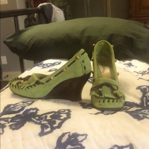 Green Moccasin Style Wedge Hi Heels